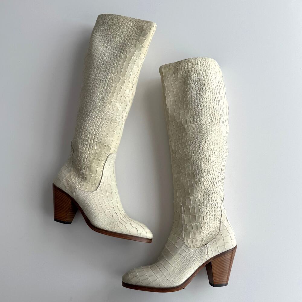 Jo‎ Ghost Made in Italy EUC Knee High Wood Heel Exotic Leather Cream Boots EU 36